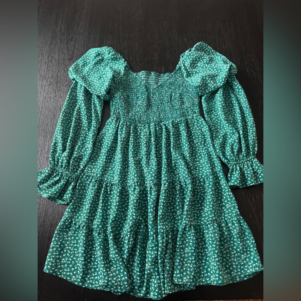 Elegant Teal Floral Long Sleeve Dress (Worn Once, Like NEW)